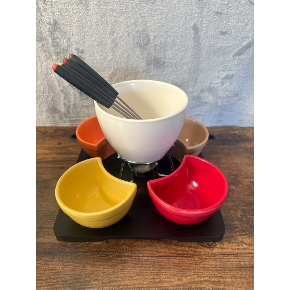 Pier One Imports Vintage Stoneware Fondue Set  Bowl Stand Forks & Tray Multicolo